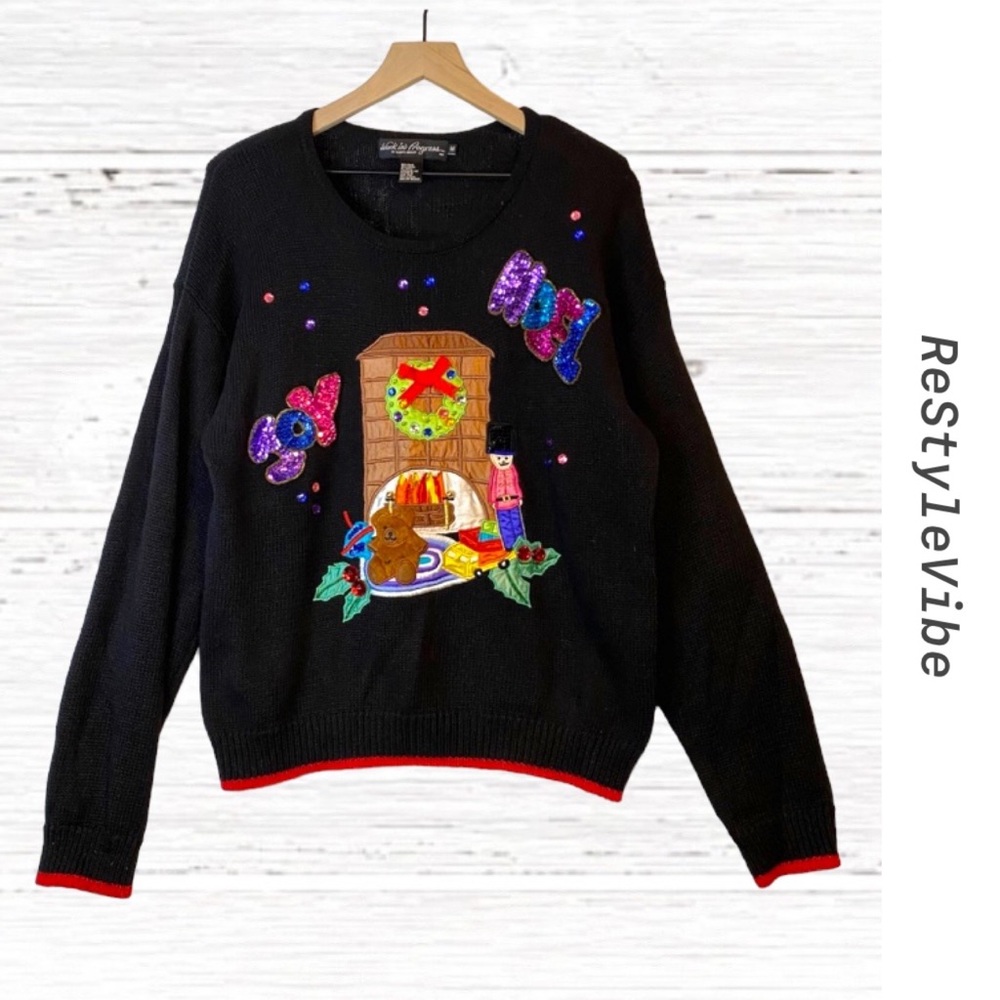 Work In Progress Women’s Size M Sweater Christmas Ugly Crew Neck Sequins Holiday